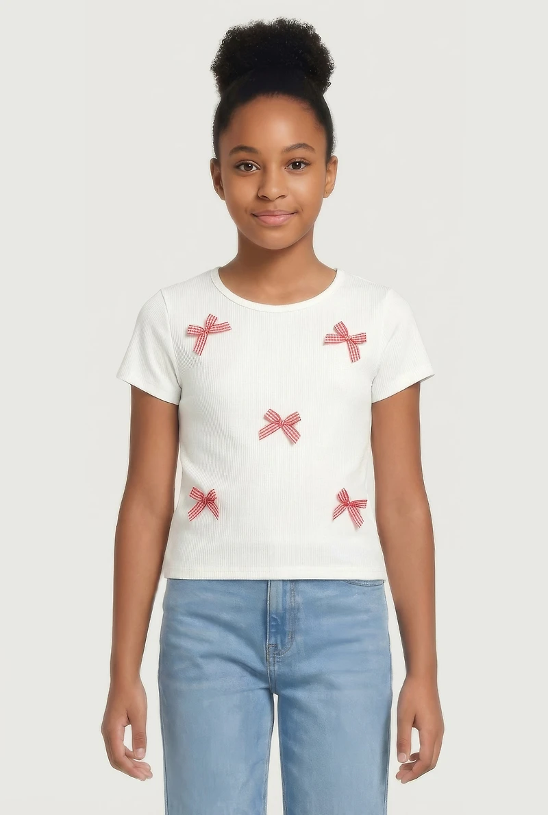 Girls Gingham Bow Detail Ribbed Knit Tee