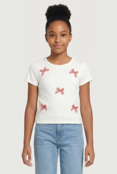 Girls Gingham Bow Detail Ribbed Knit Tee