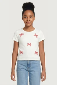 Girls Gingham Bow Detail Ribbed Knit Tee