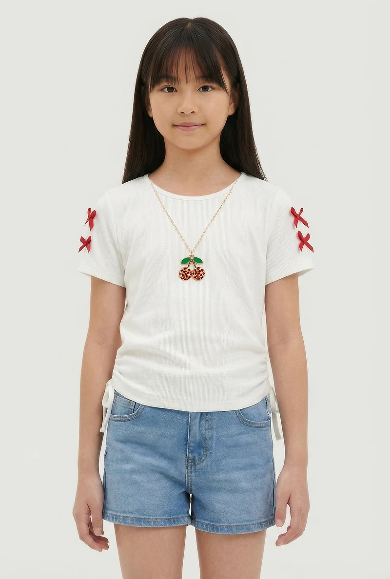Girls Bow Detail Side Ruched Tee with Removable Necklace, White,