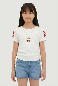 Girls Bow Detail Side Ruched Tee with Removable Necklace