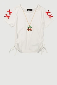 Girls Bow Detail Side Ruched Tee with Removable Necklace