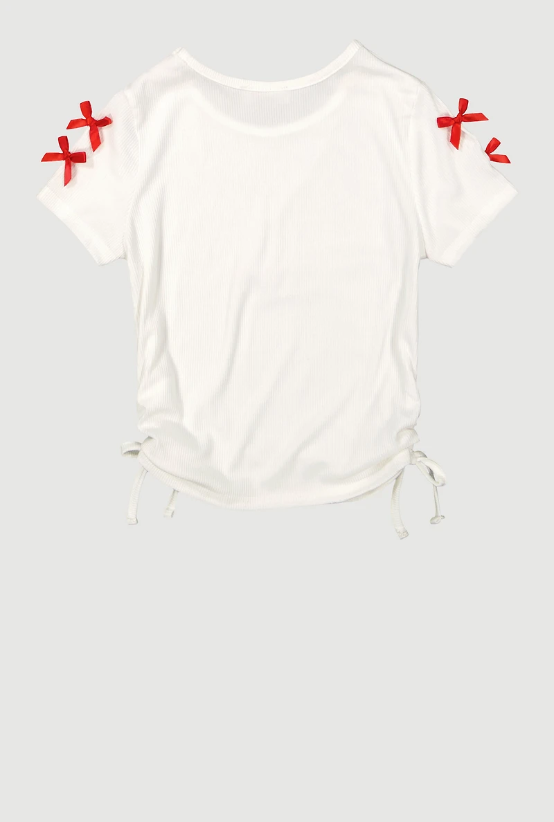 Girls Bow Detail Side Ruched Tee with Removable Necklace