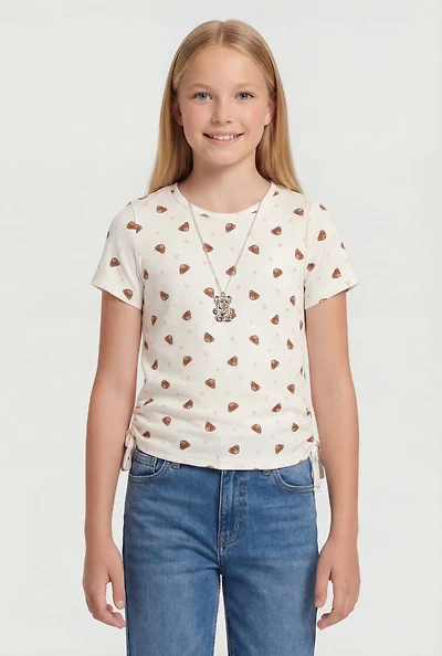 Girls Bear Print Ruched Side Tee with Removable Necklace