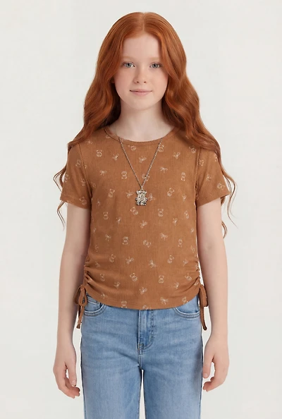 Girls Ribbed Knit Bear Print Ruched Top with Necklace