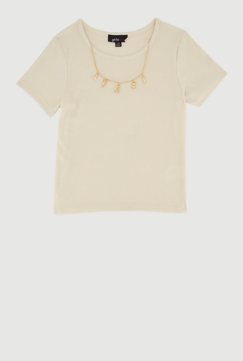 Girls Rib Knit Tee with Removable Animal Charm Chain