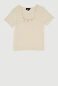 Girls Rib Knit Tee with Removable Animal Charm Chain
