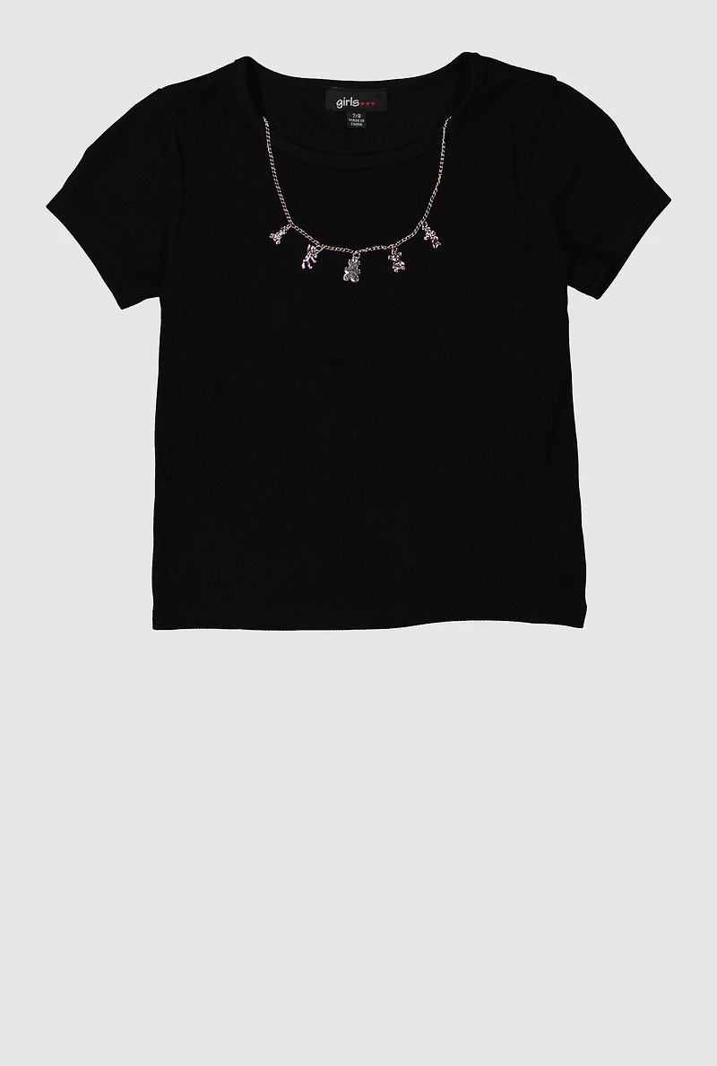 Girls Removable Bear Charm Necklace Rib Knit Tee