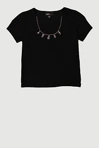 Girls Removable Bear Charm Necklace Rib Knit Tee