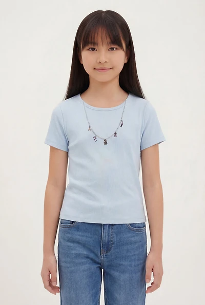 Girls Removable Bear Charm Necklace Rib Knit Tee