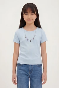 Girls Removable Bear Charm Necklace Rib Knit Tee