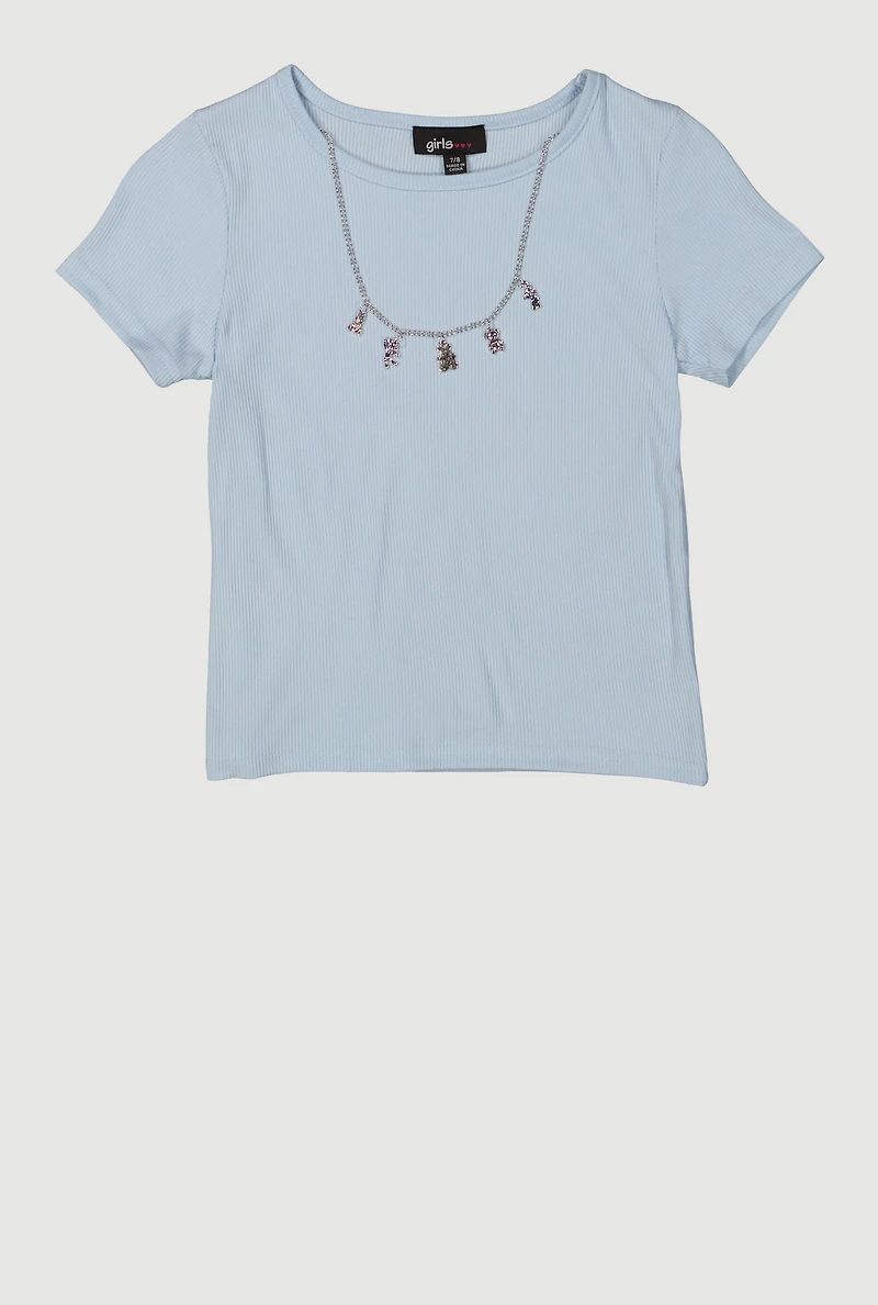 Girls Removable Bear Charm Necklace Rib Knit Tee