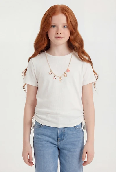 Girls Ribbed Knit Ruched Top with Sea Charm Necklace