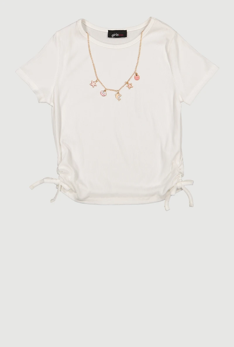 Girls Ribbed Knit Ruched Top with Sea Charm Necklace
