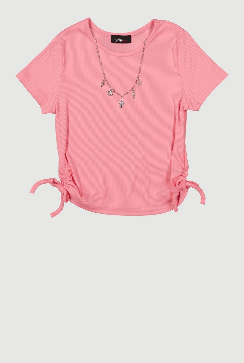 Girls Short Sleeve Ruched Top with Sea Charm Necklace