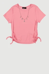 Girls Short Sleeve Ruched Top with Sea Charm Necklace