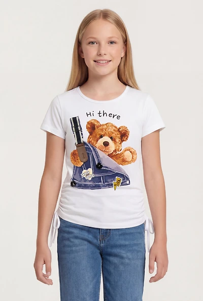 Girls Hi There Teddy Bear Graphic Short Sleeve Tee