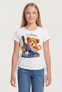 Girls Hi There Teddy Bear Graphic Short Sleeve Tee