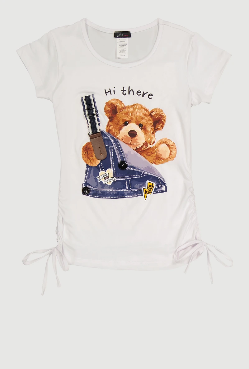Girls Hi There Teddy Bear Graphic Short Sleeve Tee