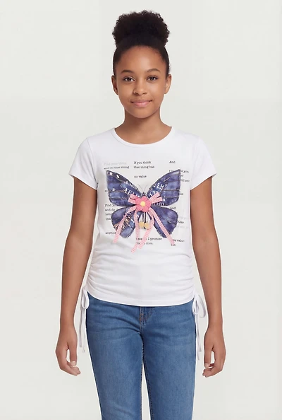 Girls Butterfly Denim Patch Crochet Detail Tee