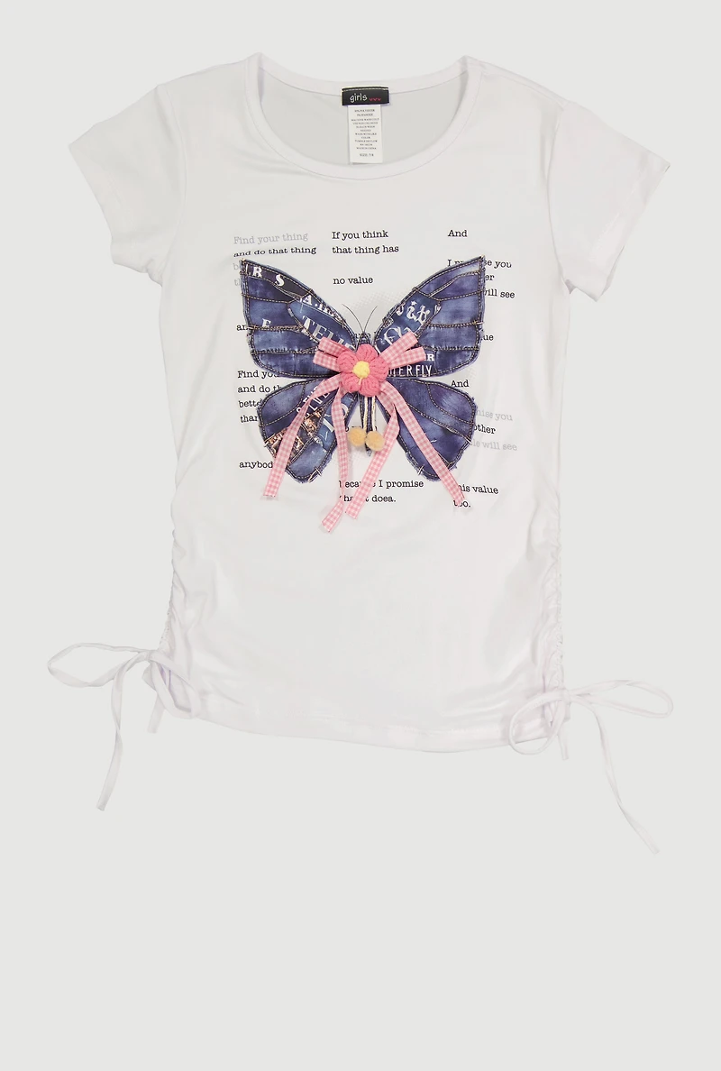 Girls Butterfly Denim Patch Crochet Detail Tee