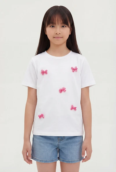 Girls Beaded Bow Detail Short Sleeve Tee