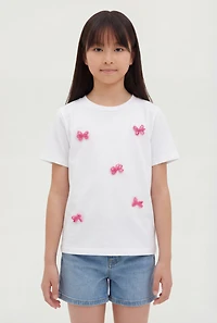 Girls Beaded Bow Detail Short Sleeve Tee