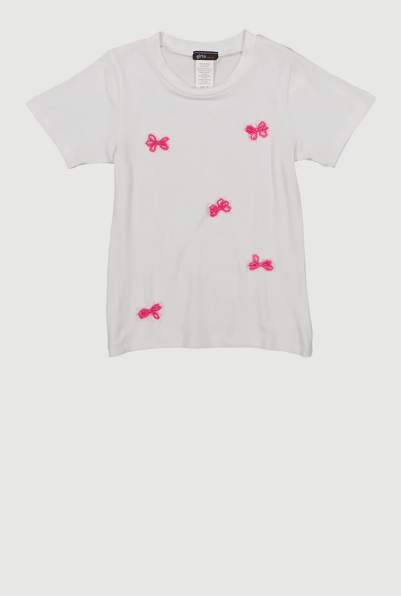 Girls Beaded Bow Detail Short Sleeve Tee