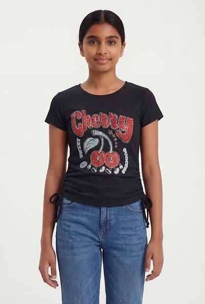 Girls Rhinestone Cherry Ruched Side Graphic Tee