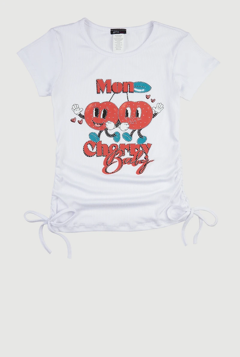 Girls Rhinestone Cherry Graphic Side Ruched Tee