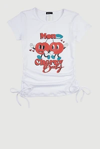 Girls Rhinestone Cherry Graphic Side Ruched Tee