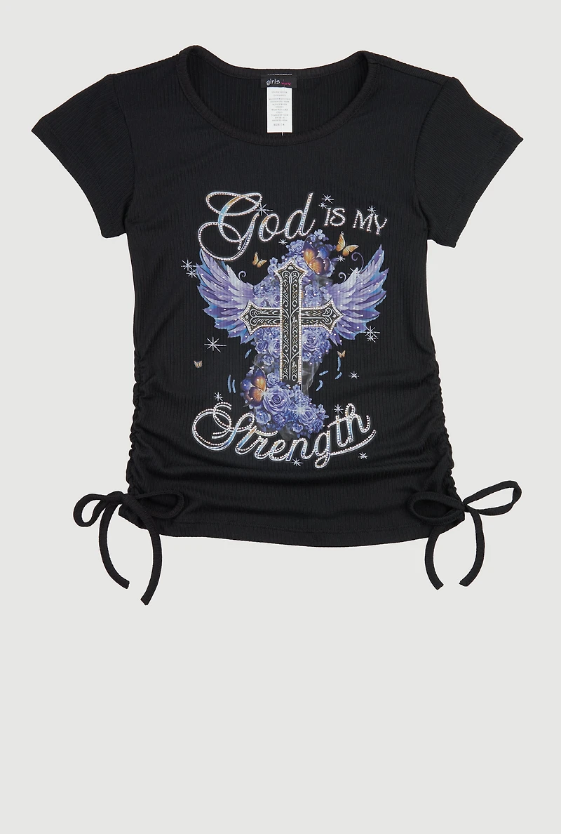 Girls God Is My Strength Rhinestone Graphic Ruched Tee