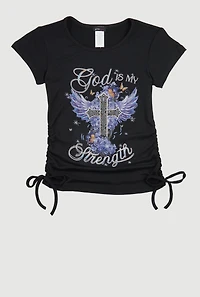 Girls God Is My Strength Rhinestone Graphic Ruched Tee