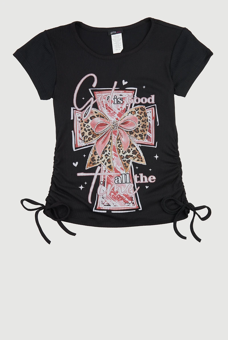Girls God Is Good All The Time Ruched Side Graphic Tee