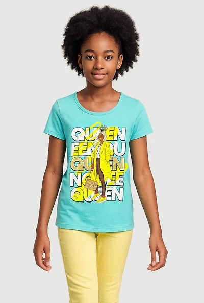 Girls Boss Queen Glitter Graphic Tee, Green, Size 7-8