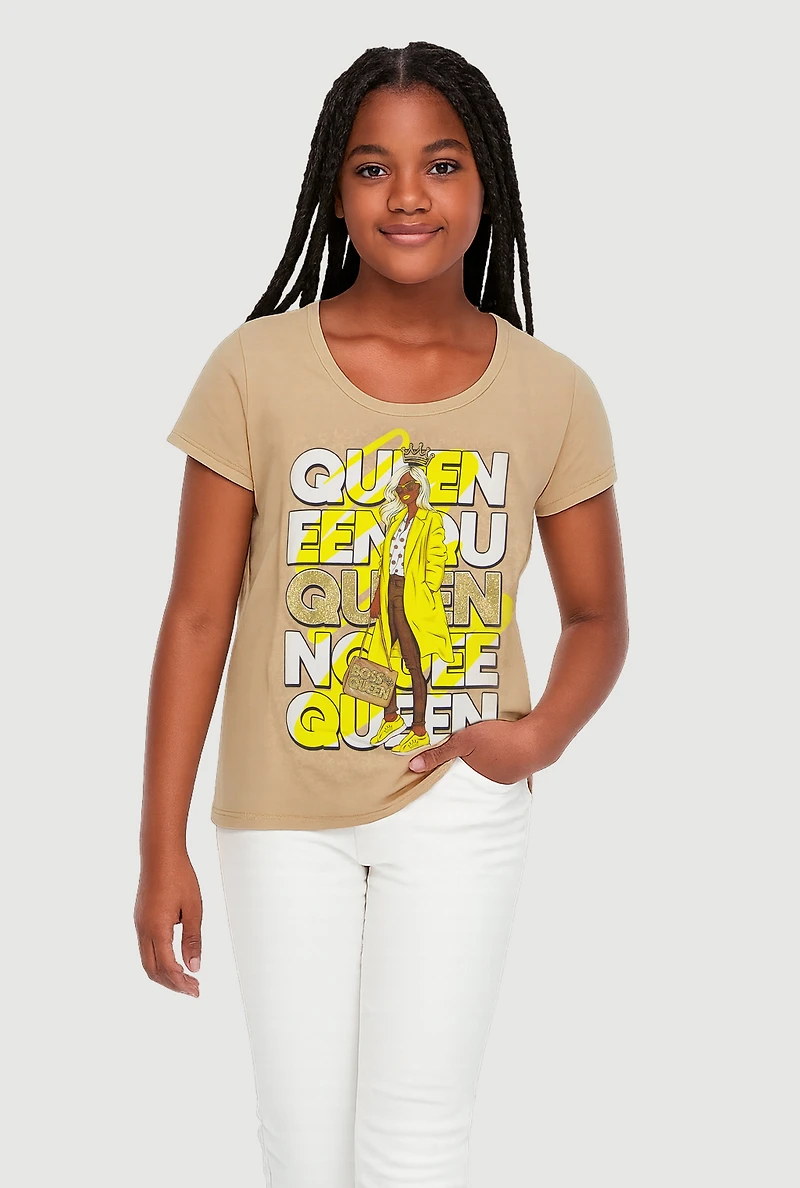Girls Boss Queen Glitter Graphic Tee