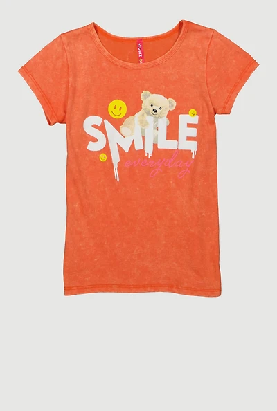 Girls Smile Everyday Teddy Bear Graphic Tee, Orange, Size 7-8