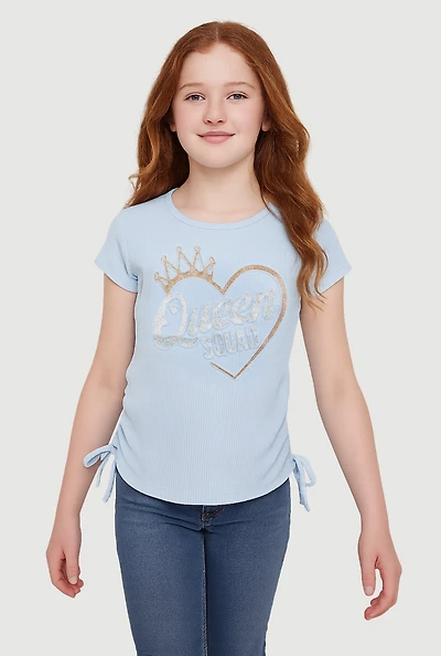 Girls 3D Rhinestone Queen Squad Graphic Top, Blue, Size 7-8