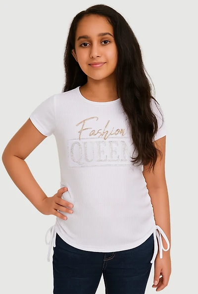 Girls 3D Fashion Queen Rhinestone Graphic Top, White, Size 7-8