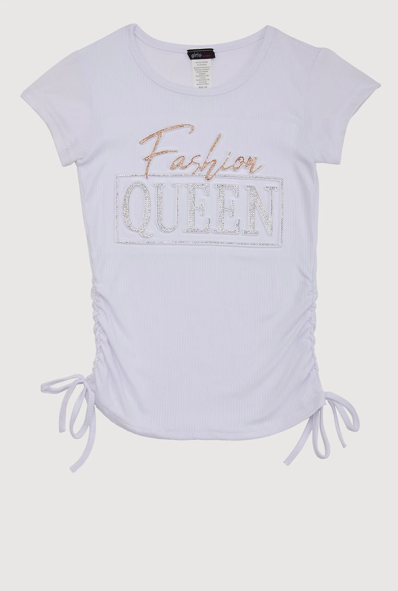 Girls 3D Fashion Queen Rhinestone Graphic Top, White, Size 7-8