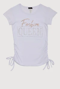 Girls 3D Fashion Queen Rhinestone Graphic Top, White, Size 7-8