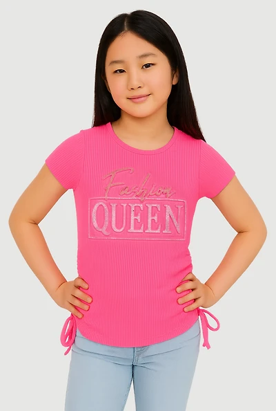 Girls 3D Fashion Queen Rhinestone Graphic Top, Pink, Size 7-8