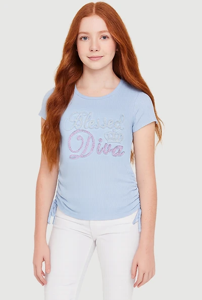 Girls Rhinestone Blessed Diva 3D Graphic Top