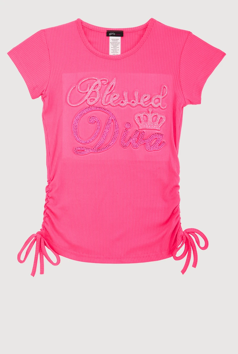 Girls Rhinestone Blessed Diva 3D Graphic Top