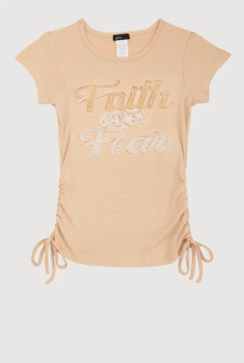 Girls 3D Faith Over Fear Graphic Top, Beige, Size 7-8