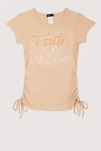 Girls 3D Faith Over Fear Graphic Top, Beige, Size 7-8