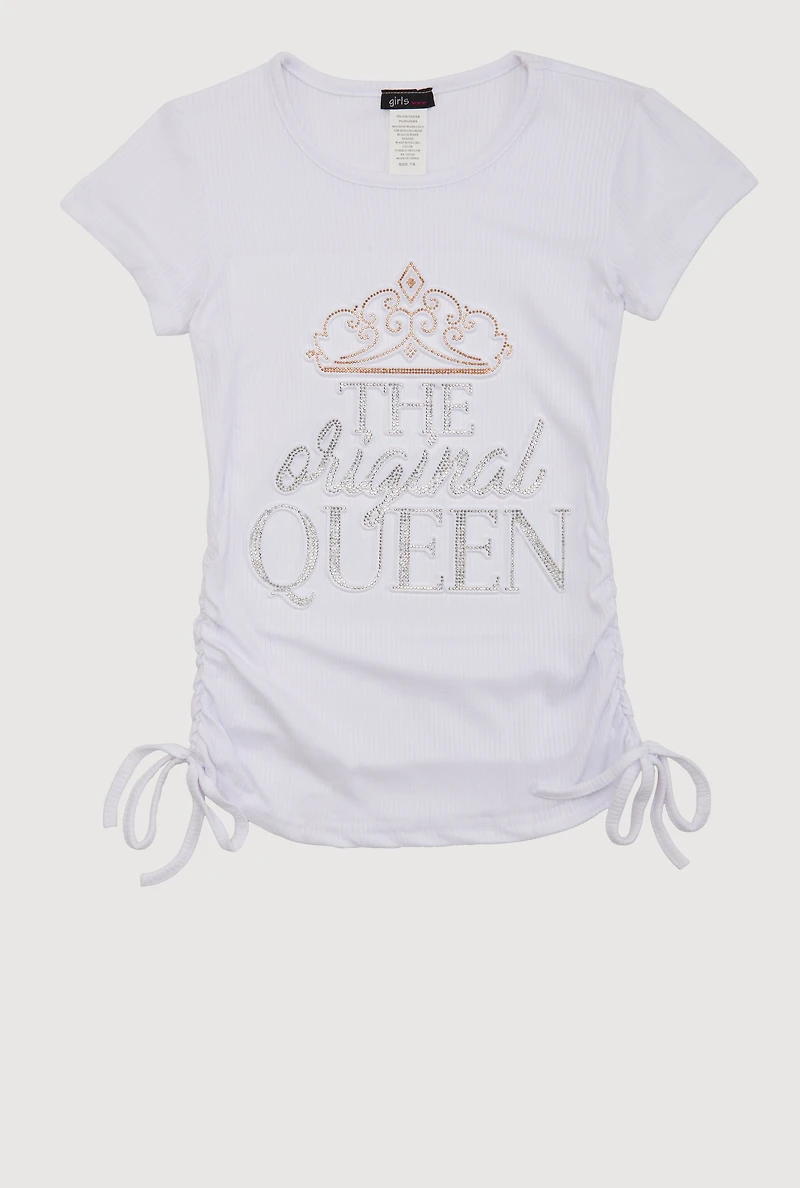 Girls Rhinestone The Original Queen 3D Graphic Top, White,