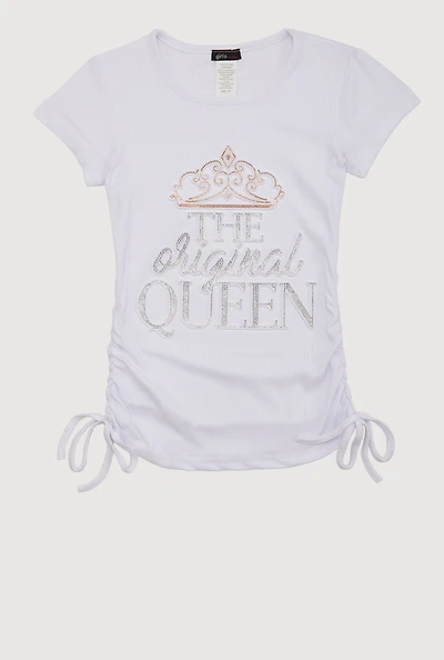 Girls Rhinestone The Original Queen 3D Graphic Top, White,