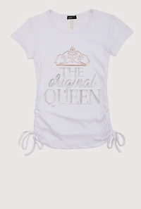 Girls Rhinestone The Original Queen 3D Graphic Top, White,