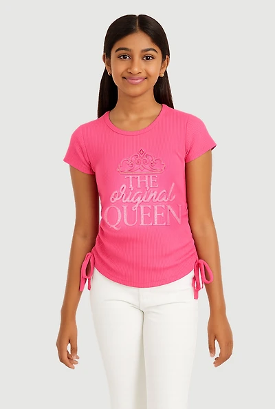 Girls Rhinestone The Original Queen 3D Graphic Top, Pink, Size 7-8